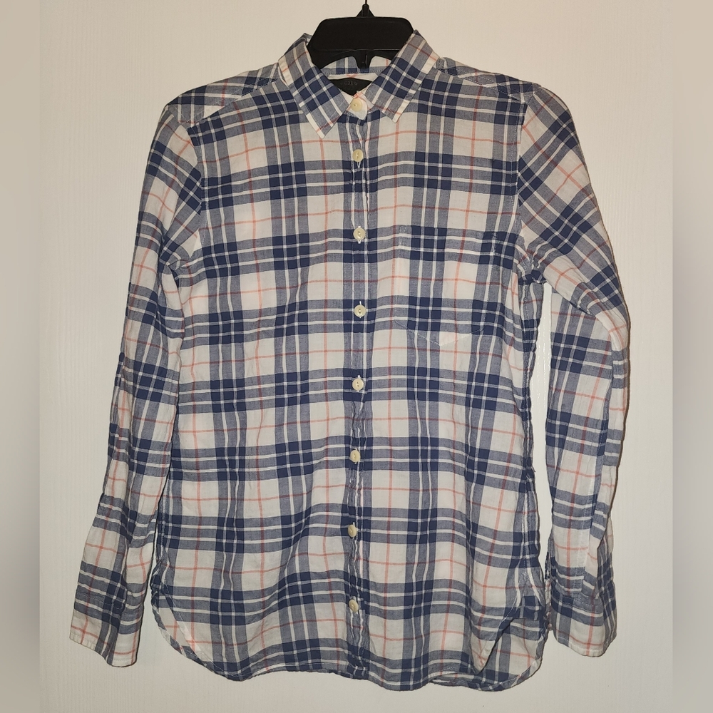 J. Crew Blue and White Plaid Shirt Size 2